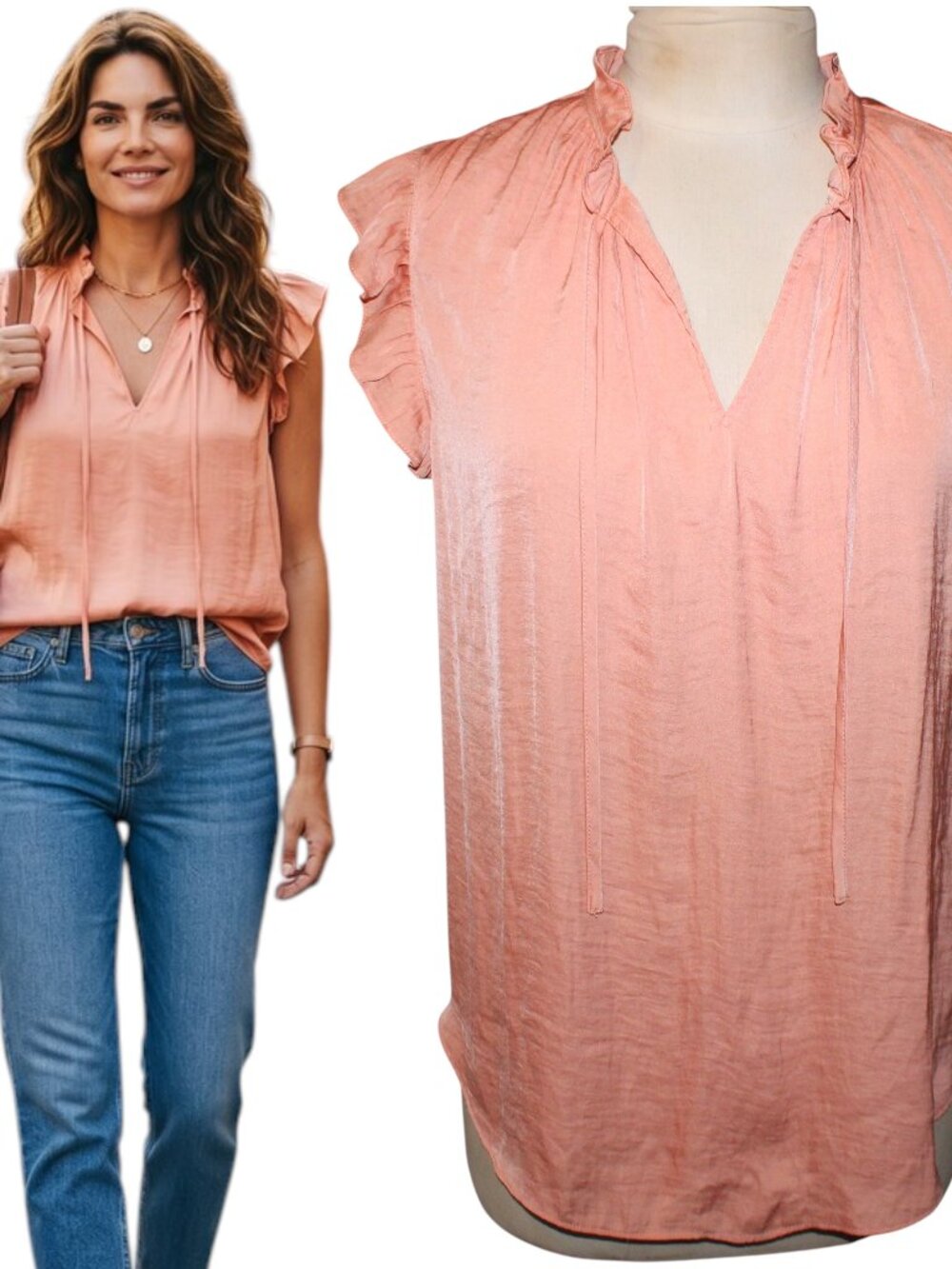 Cupcakes and Cashmere Coral Ruffle Tie-Front Blouse Sz M Boho Romantic Top Peach